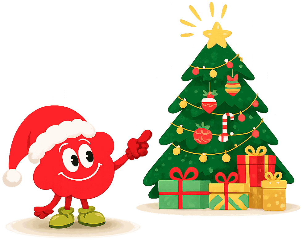 English For Us mascot next to a Christmas tree with gifts