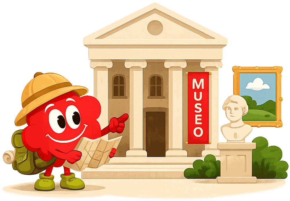 English For Us mascot with a backpack and map in front of a museum