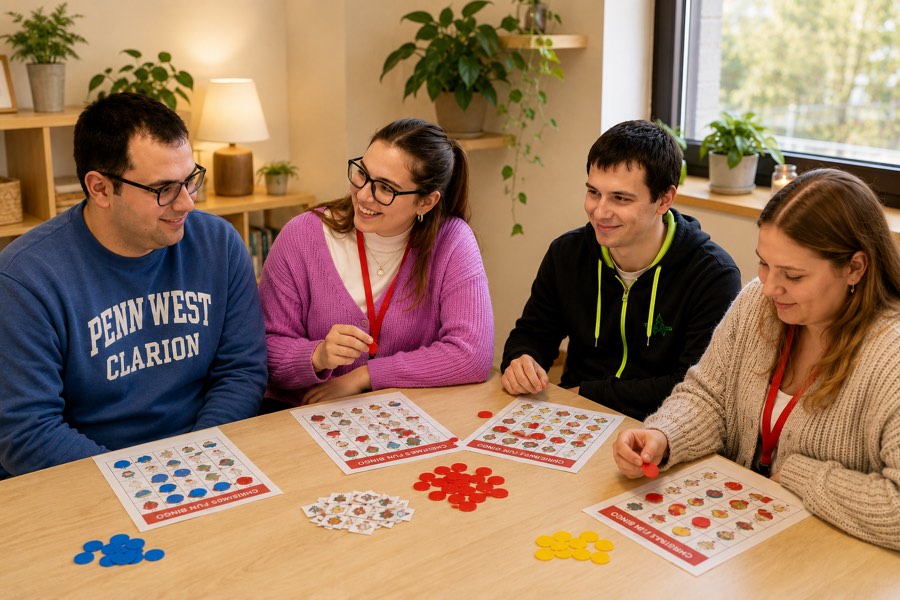 Group of participants playing Christmas bingo at an English For Us camp