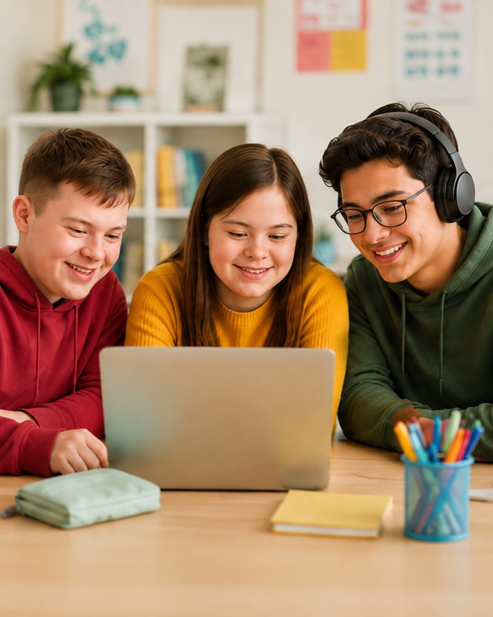 Three students smiling in front of a laptop in the classroom