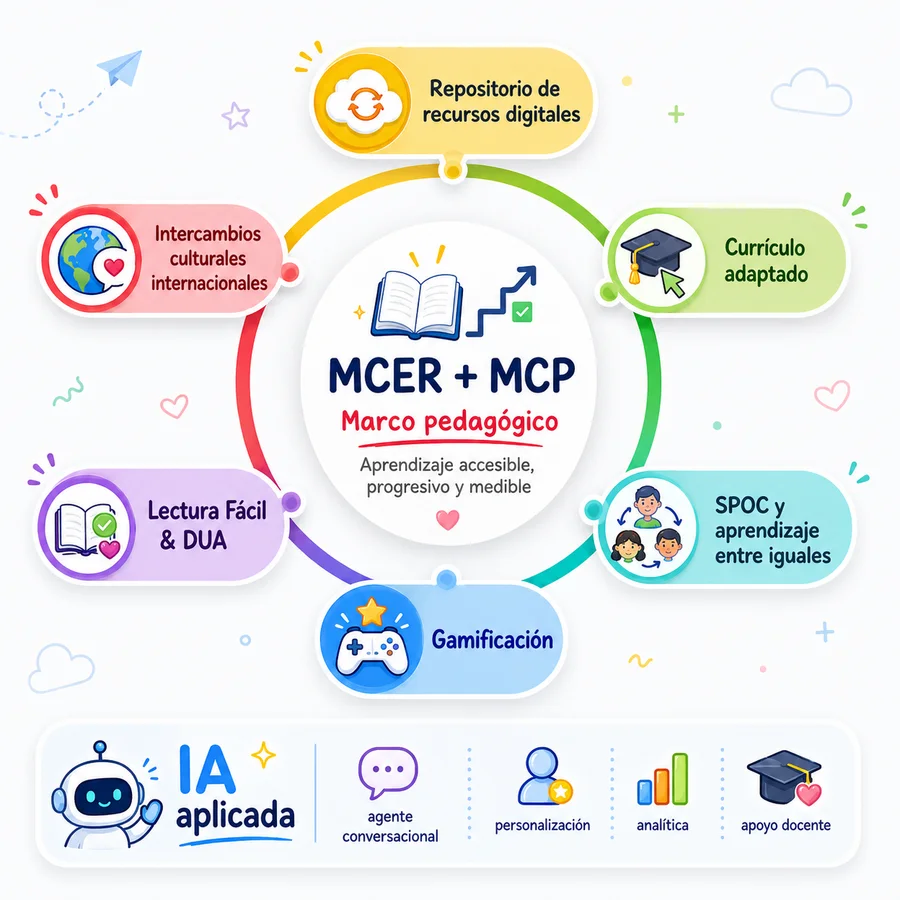 Diagram of English For Us's pedagogical pillars: CEFR + MCP